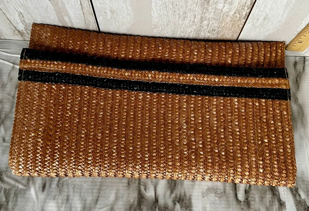 Natural Rafia Envelope Clutch Navy Stripe Vintage 60s 70s Disco Nautical Classic Brown - Image 1