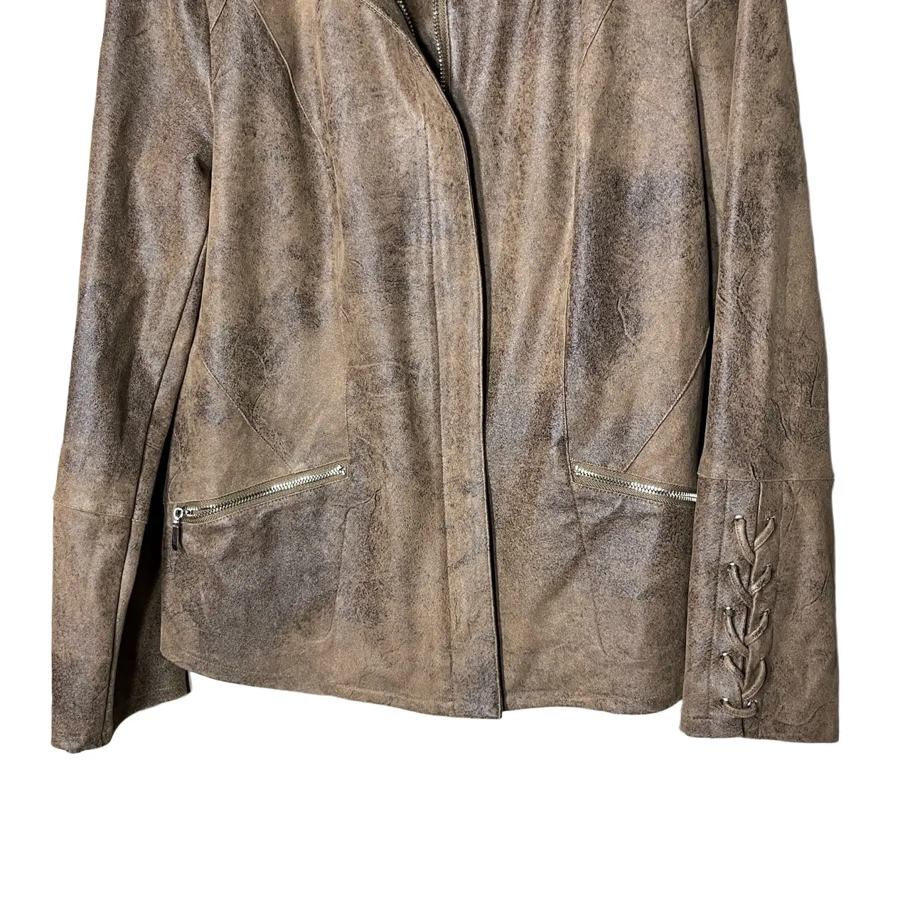 Chico's Moto Jacket Womens Size 4/6 Brown Distressed Faux‎ Suede Lace-Up Cuffs - Image 3