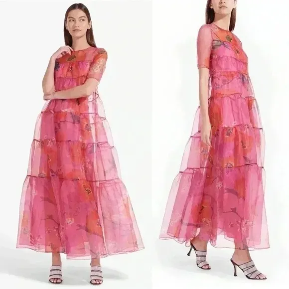 NEW STAUD Hyacinth Tiered Floral Organza Dress Size XS Pink Poppies - Image 2