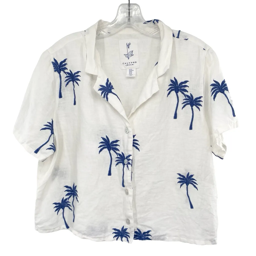 Calypso St. Barth Embroidered Palm Tree Linen Button Down Boxy Shirt - Image 10