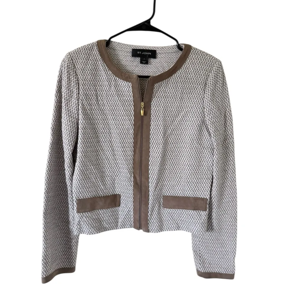 St. John Textured Knit Cropped Jacket with Suede Trim - Image 2