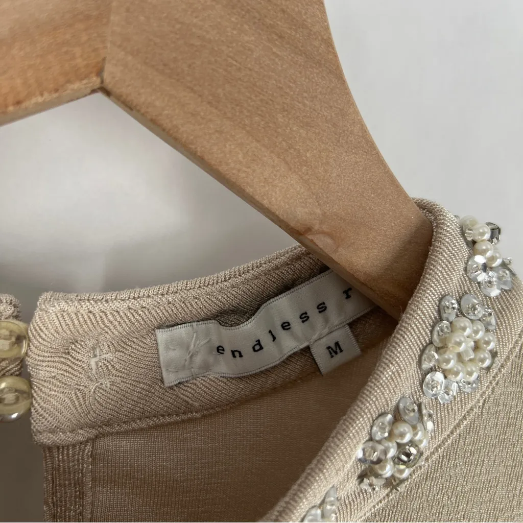 Endless Rose Metallic Gold Stretch Jersey Liquid Knit Embellished Neck Top M - Image 4