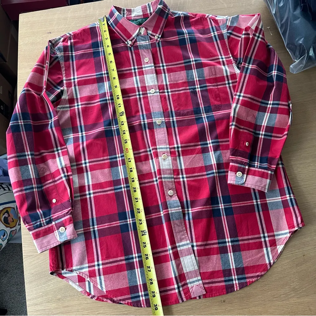 Vintage Lauren Ralph Lauren 100% Cotton Plaid Button Up Sz L Red Academia Preppy - Image 11