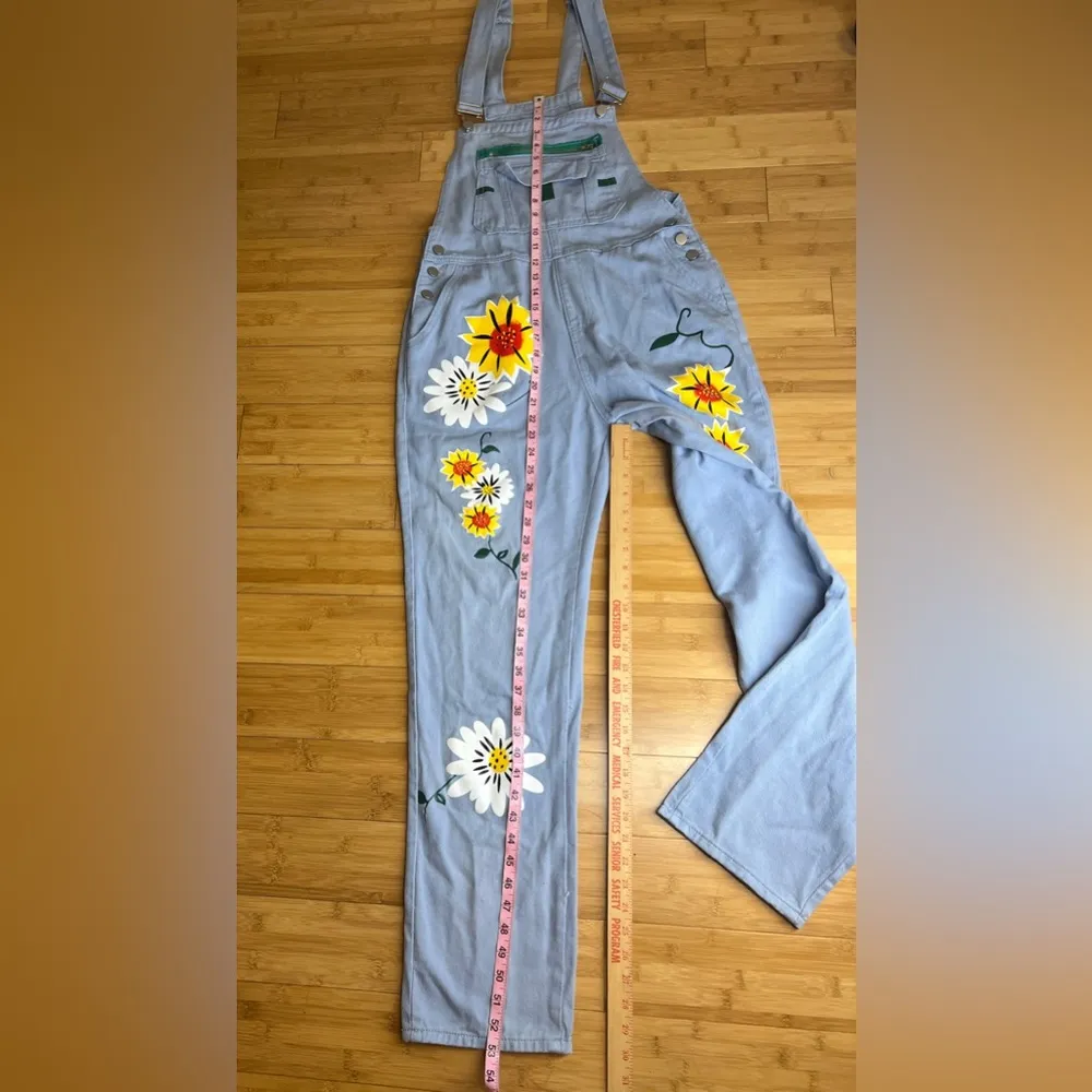 Women Adjustable Casual Jean Bib Overall Dungarees, Floral|Hippie, BOHO|Size:M Blue Size M - Image 6