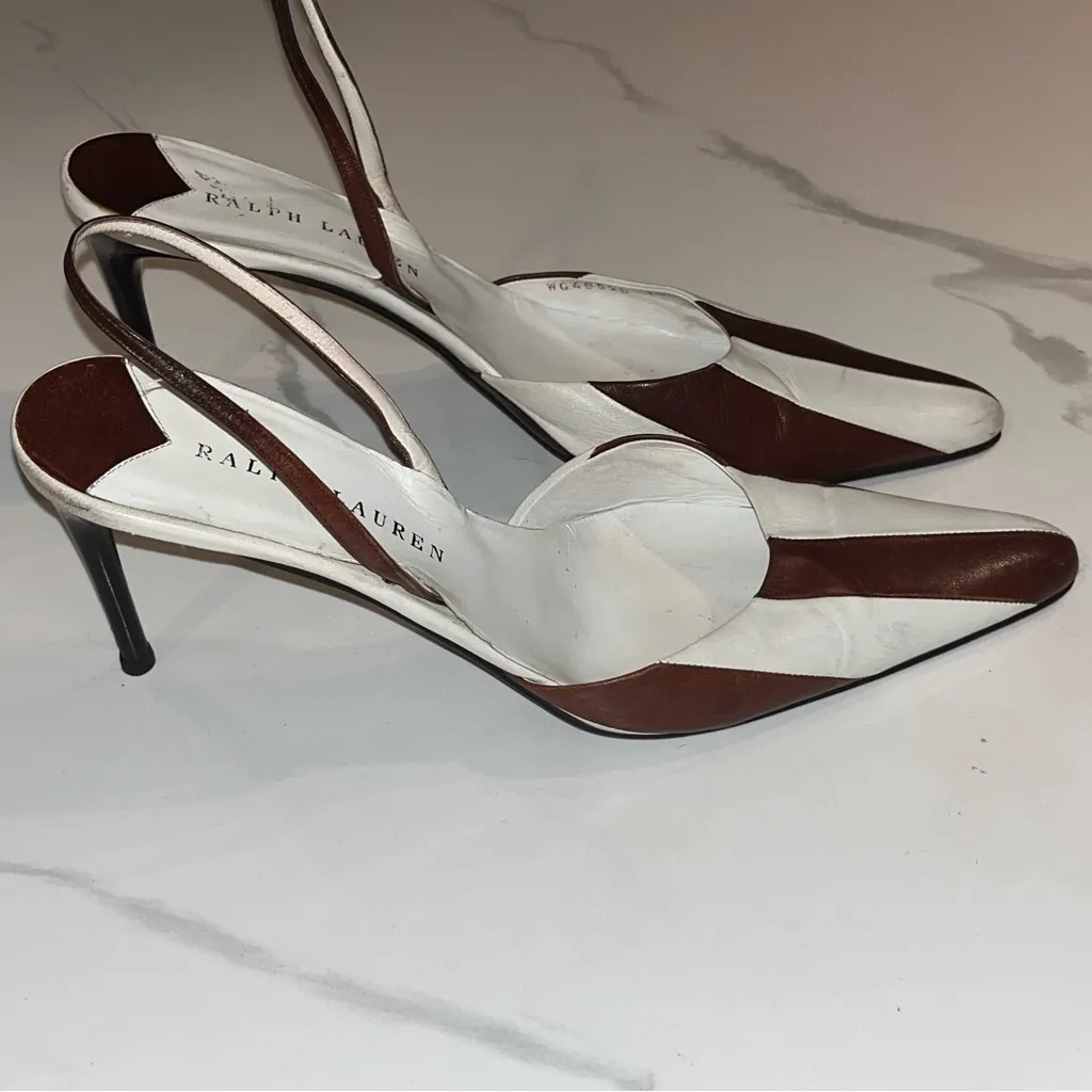 Vintage Ralph Lauren RARE Stripe Brown & White Leather Oxford Slingback Pumps - Image 4