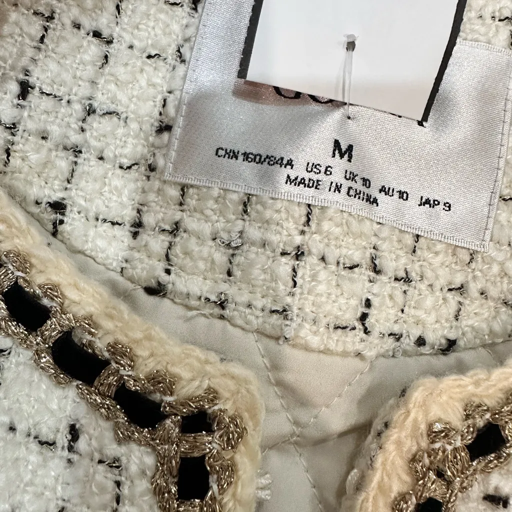 Goelia Wool Blend Tweed Jacket Cream Color Style, Tweed Blazer Size M - Image 9