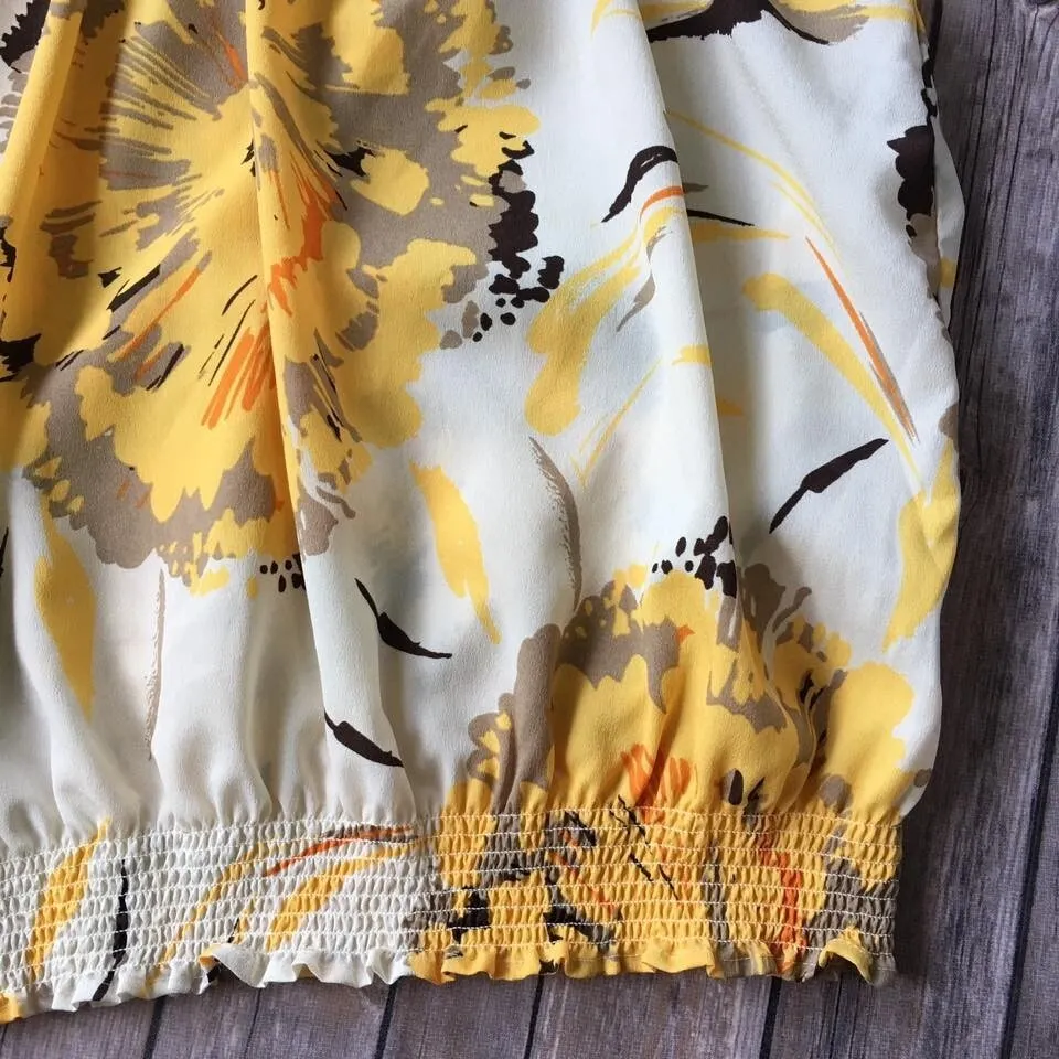 New York & Company Top XS 0 2 Poet Boho Puff Sleeve Bold Yellow Floral Print - Image 3