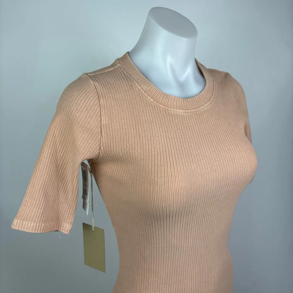 NEW Aritzia Wilfred Free Astoria Peach Orange Ribbed Round Neck Mini Dress Sz S - Image 4