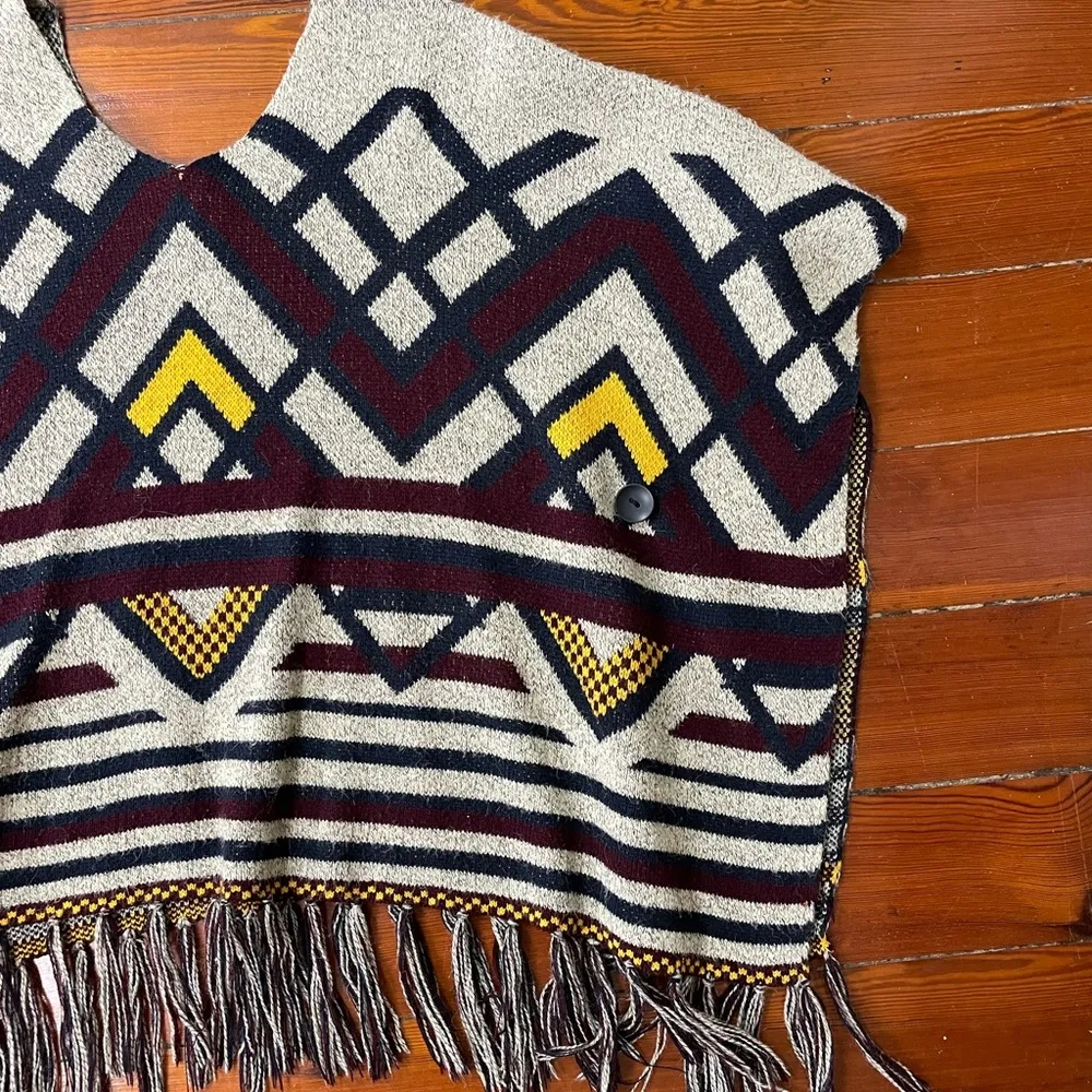 Yaira Festival Aztec Blanket Boho Fringe Hippie Pull On Poncho Sweater One Size Blue Size undefined - Image 7