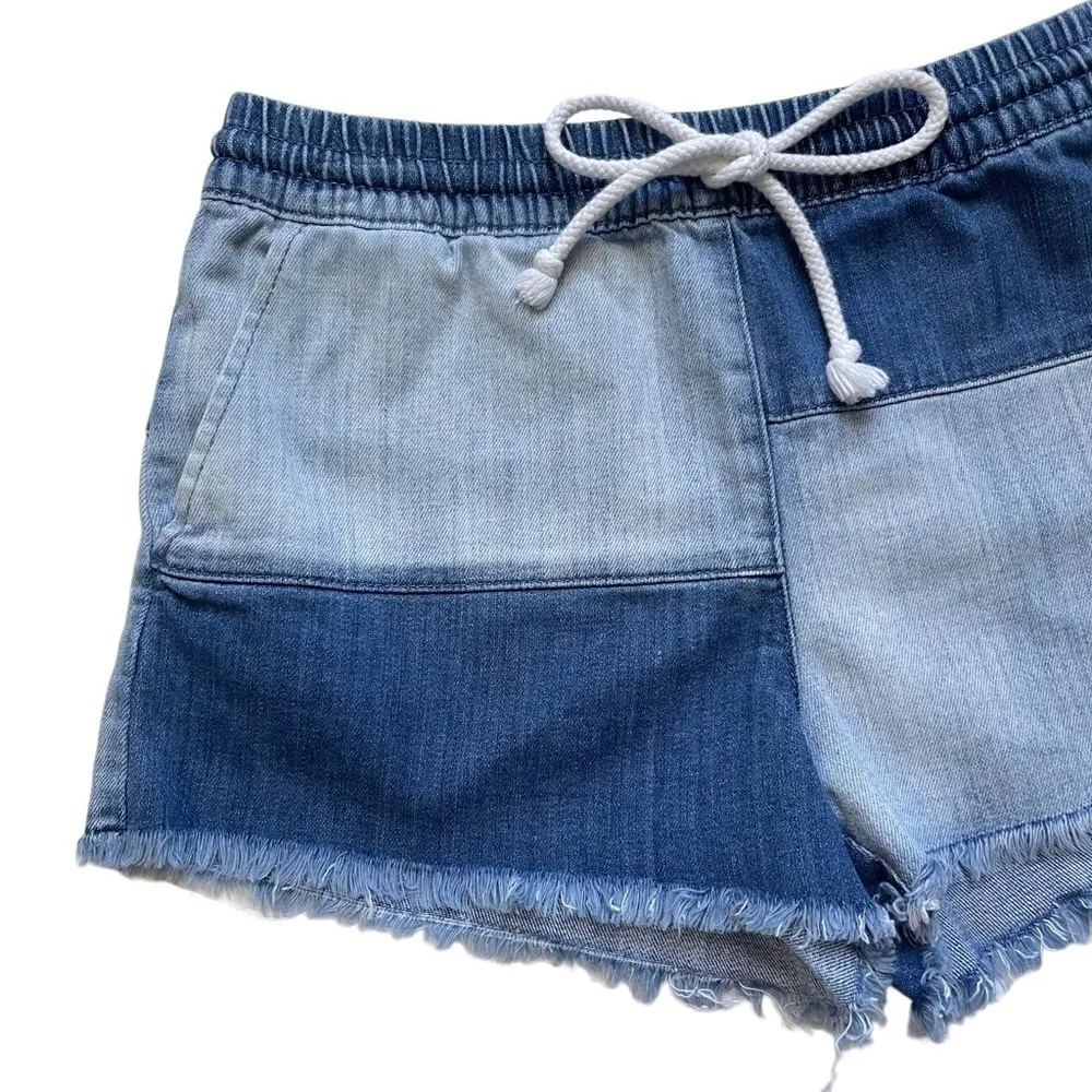 Patch Blue Denim Shorts Raw Fringe Hem Drawstring Waist Size S - Image 6