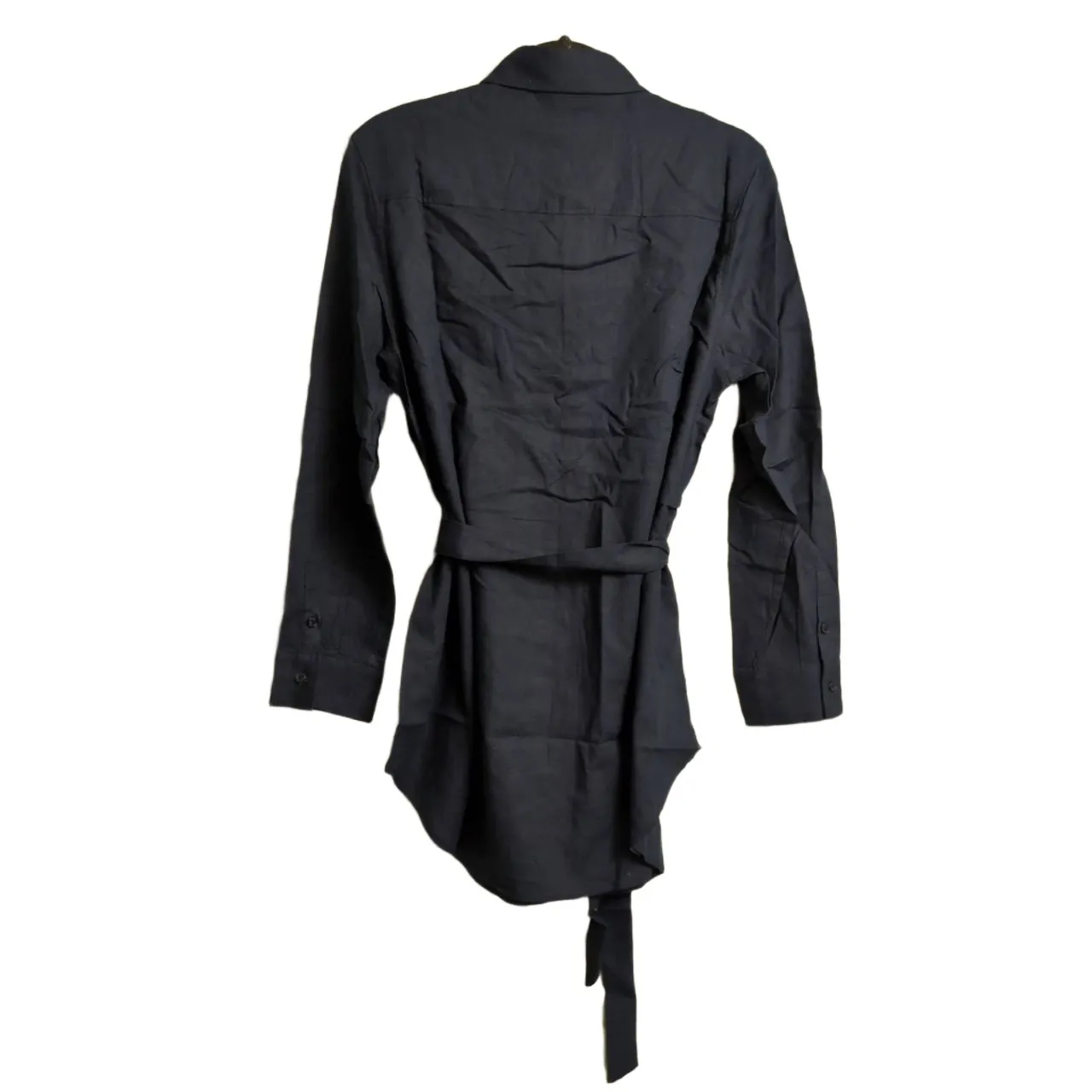 NWT Andie Button Up Linen Blend Navy Blue Tie Waist Long Sleeve Collared Shirt L - Image 4