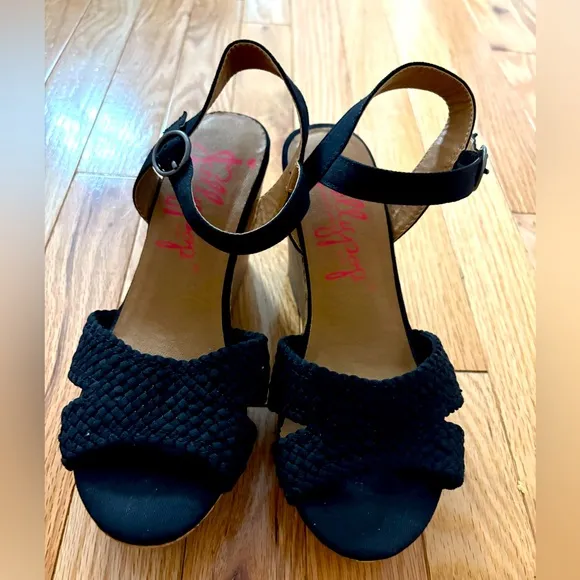 Jelly pop Panke, Black Canvas Wedge Sandal, Size 7M - Image 2