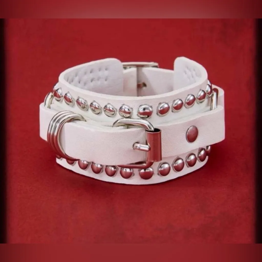 Punk Edgy White Leather Studded Bracelet - Image 3