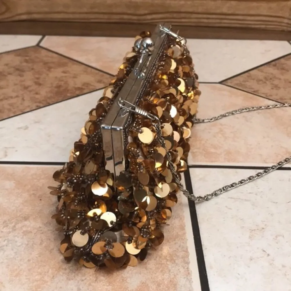 Vintage Y2K gold sequin beaded clutch cocktail purse evening bag with chain - Image 8