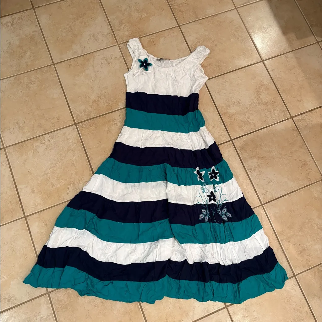 Elegant Floral Striped Midi Dress in Teal, White, and Navy Green Size 42 - Image 7