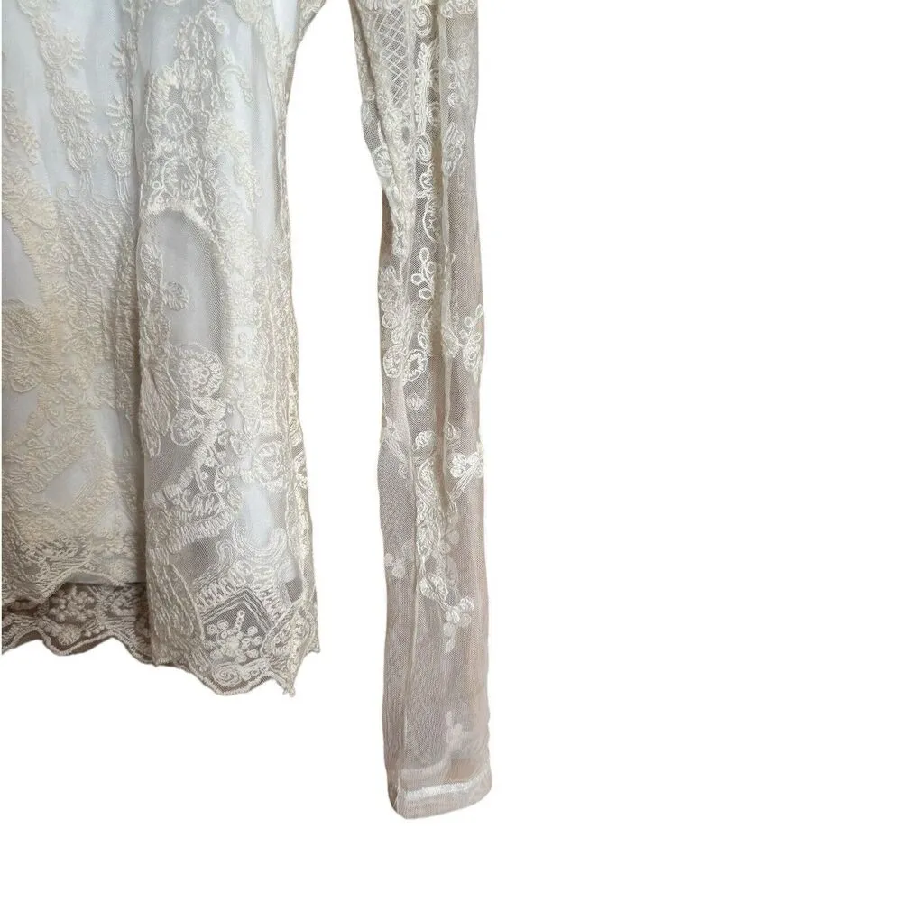 BKE Buckle Top Womens Small Ivory Lace Boho Artsy Stretch Embroidered Blouse - Image 5