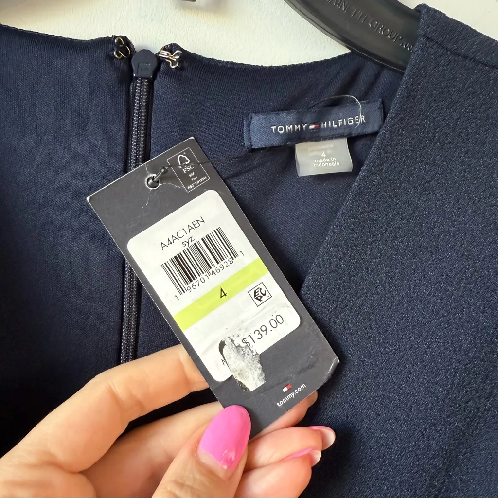 Tommy Hilfiger Flutter Sleeve Faux Wrap Midi Dress Navy Blue 4 - Image 4