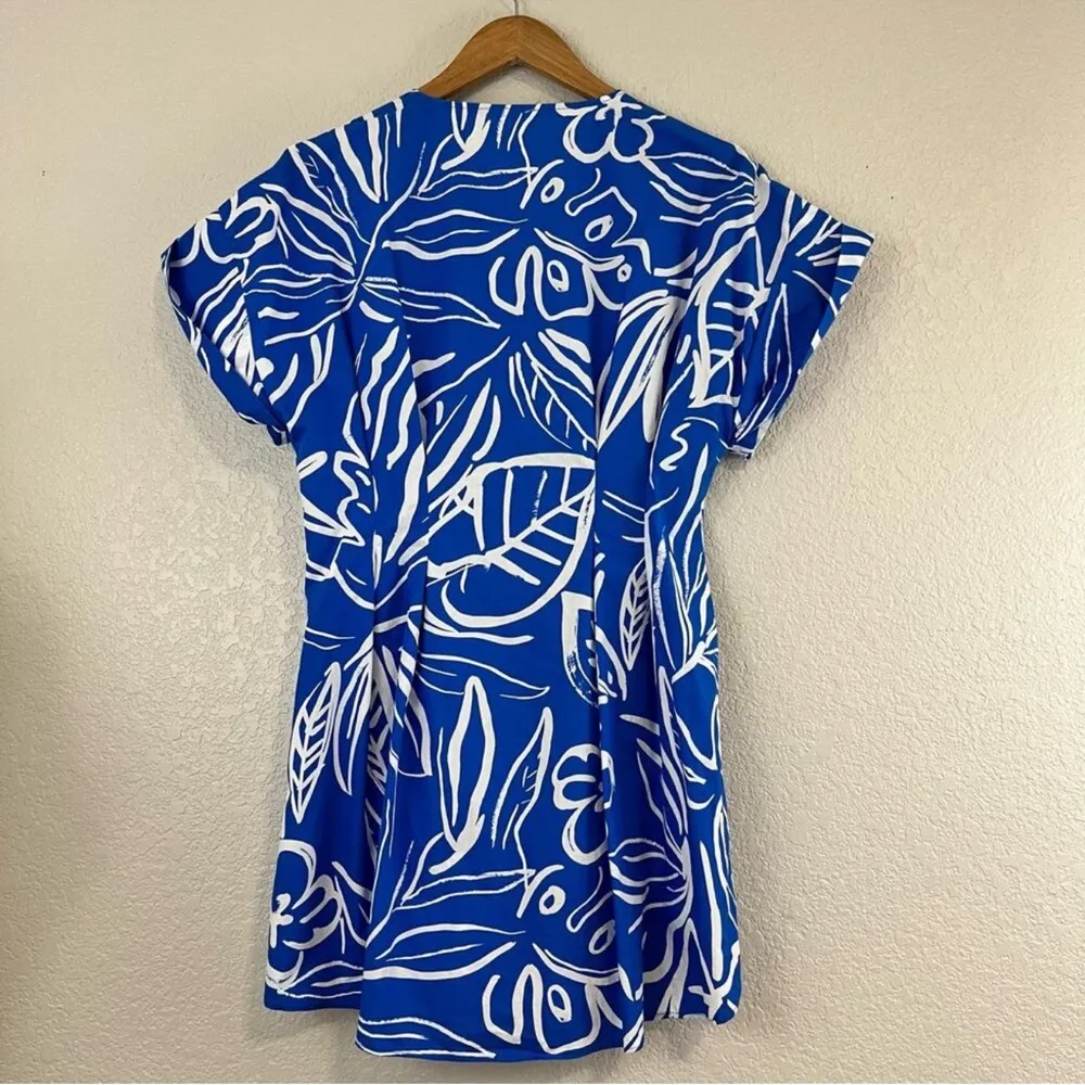 ZARA Blue & White Abstract Printed Mini Santorini Dress Size XS Cotton - Image 6