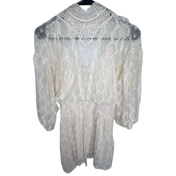 Free People Cream Half Sleeve Lace Mini Dress With Open Back - Image 2