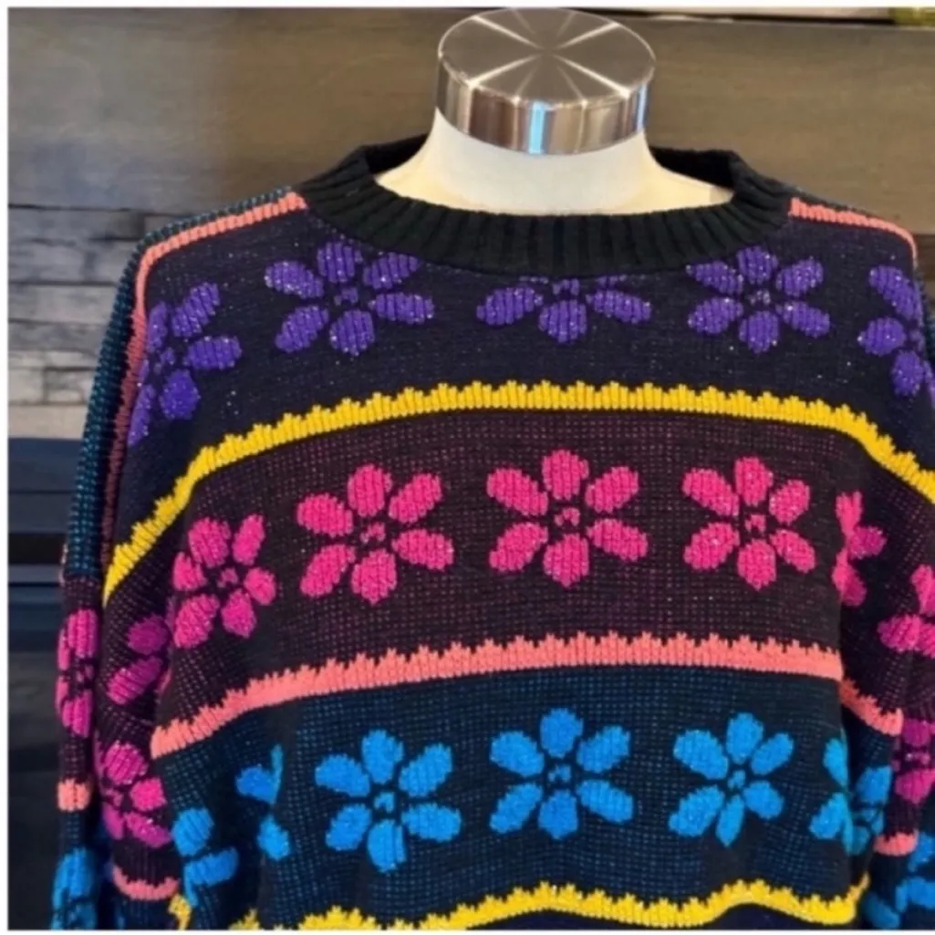 Vintage Floral Stripe Sweater in Pink, Blue, and Yellow Pink Size undefined - Image 3