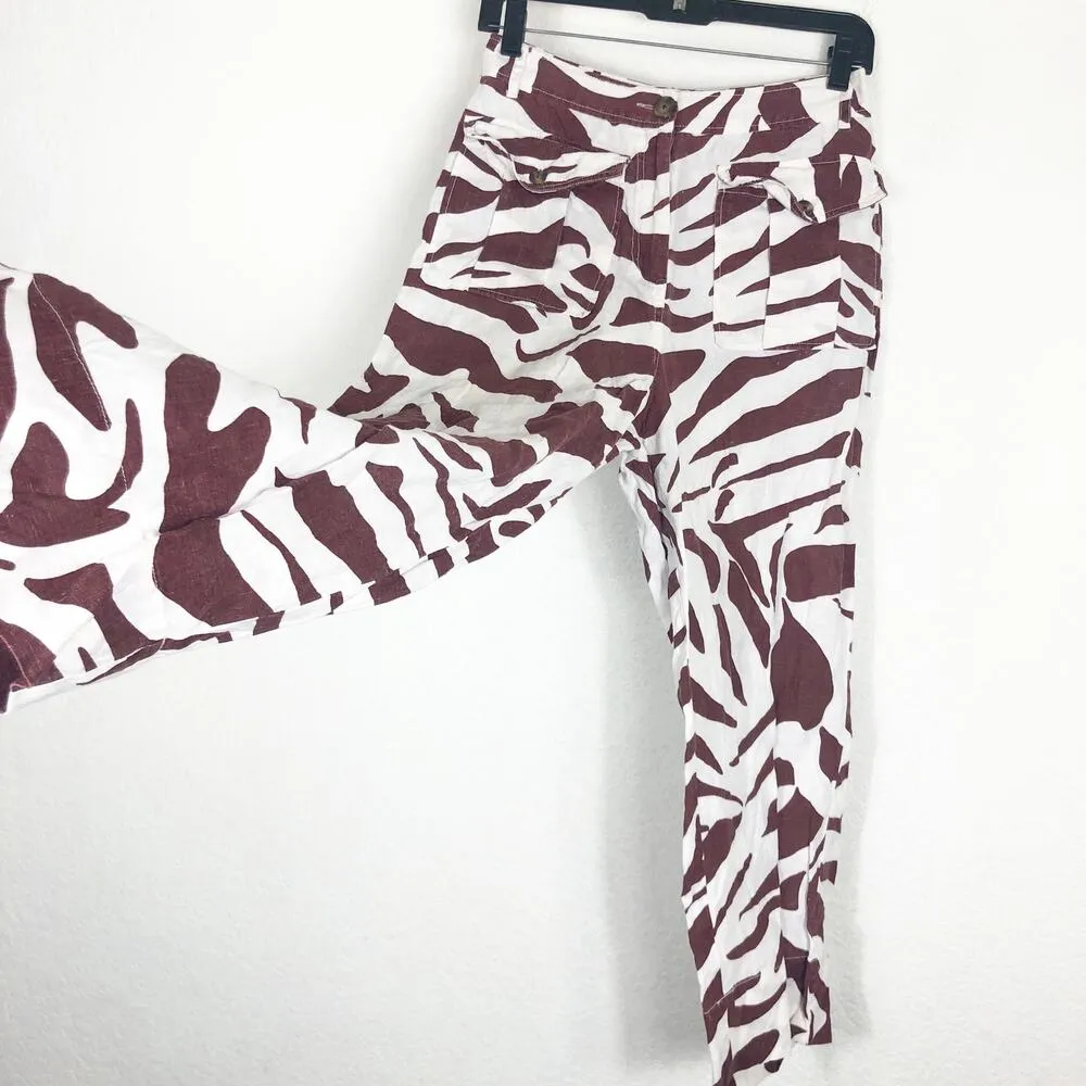 Whistles Brown Ella Zebra Print Linen Pants Size 4 High Rise Casual Cropped - Image 11