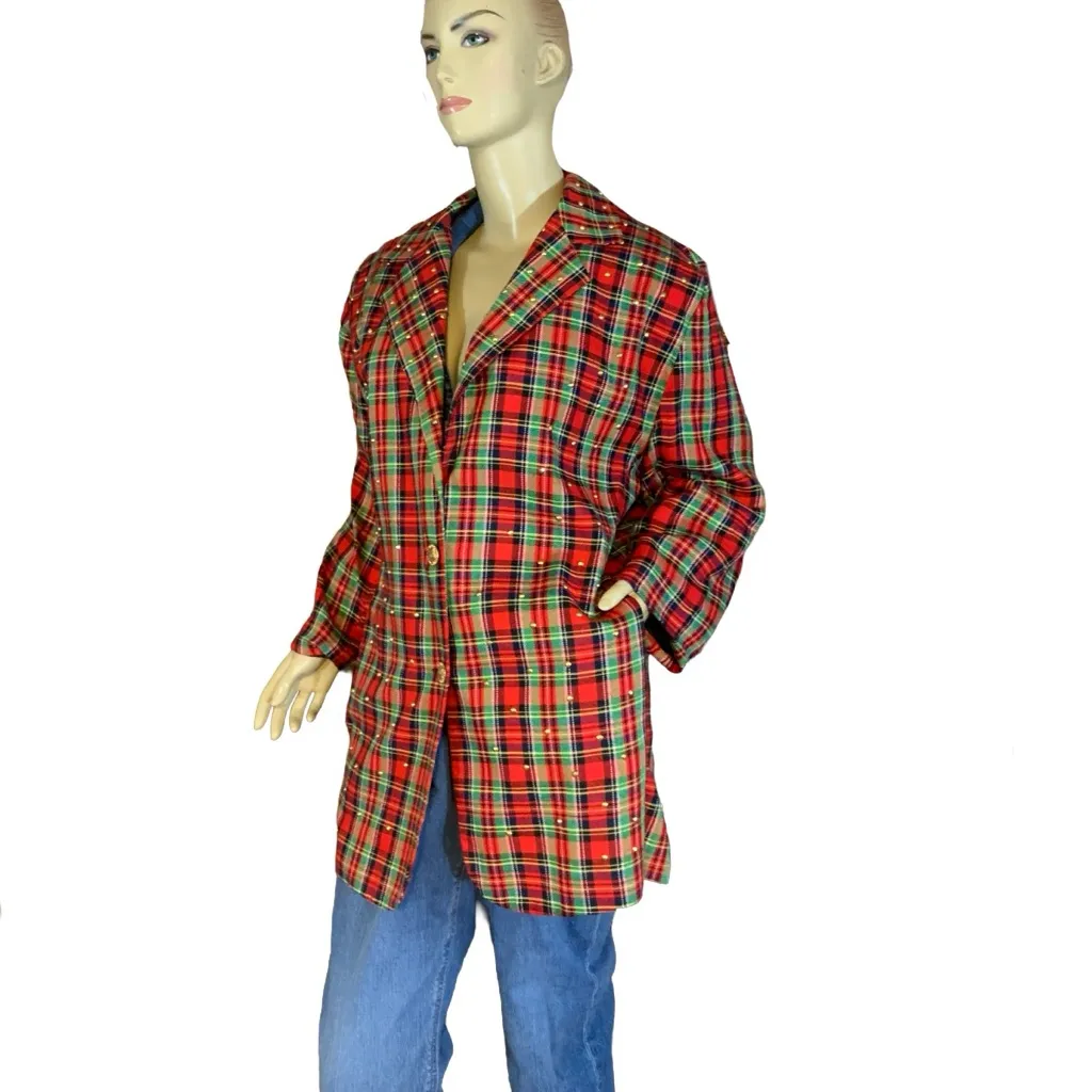 VINTAGE 1990'S SHERRY PHILIPS RED PLAID & GOLD STUDDED BLAZER (2X) - Image 4