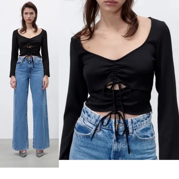 NWT ZARA RUCHED CUT OUT TOP BLACK SMALL - Image 2