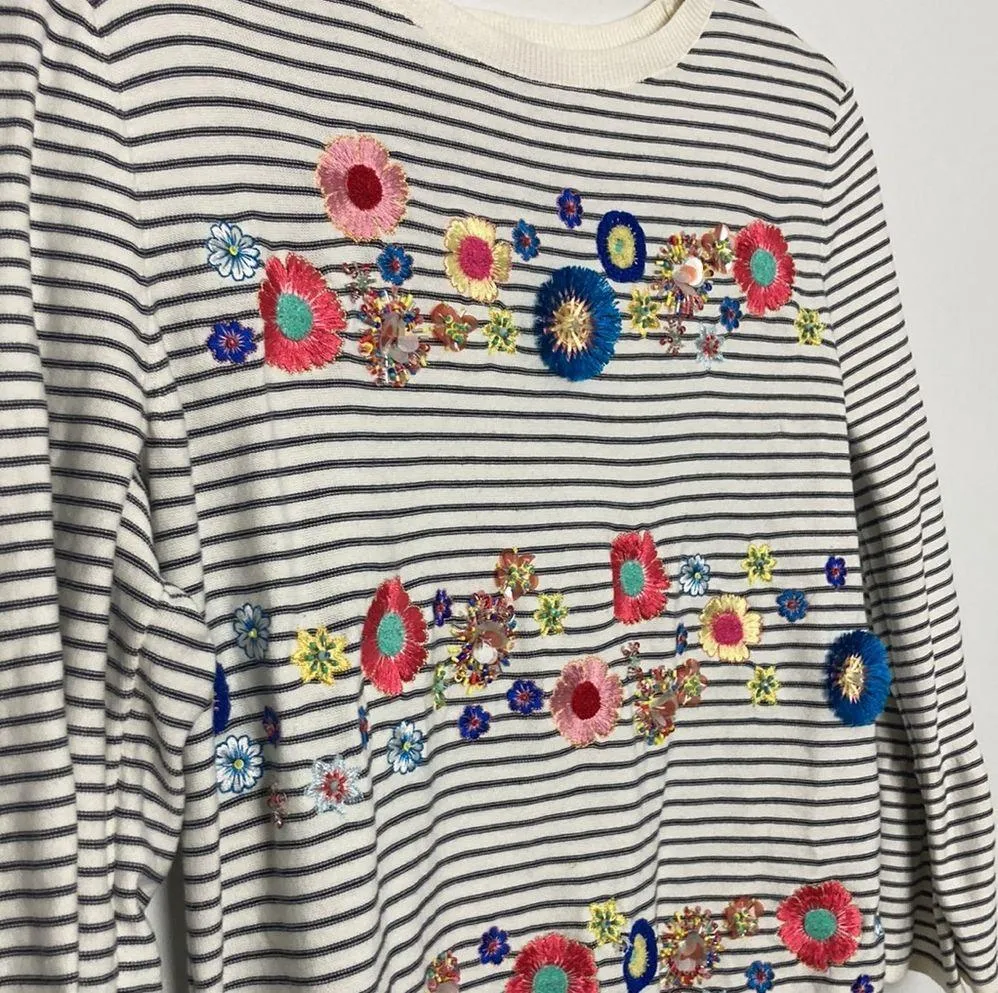 Talbots|Black/White Striped Embroidered Beaded Flower Pullover Sweater Medium - Image 2