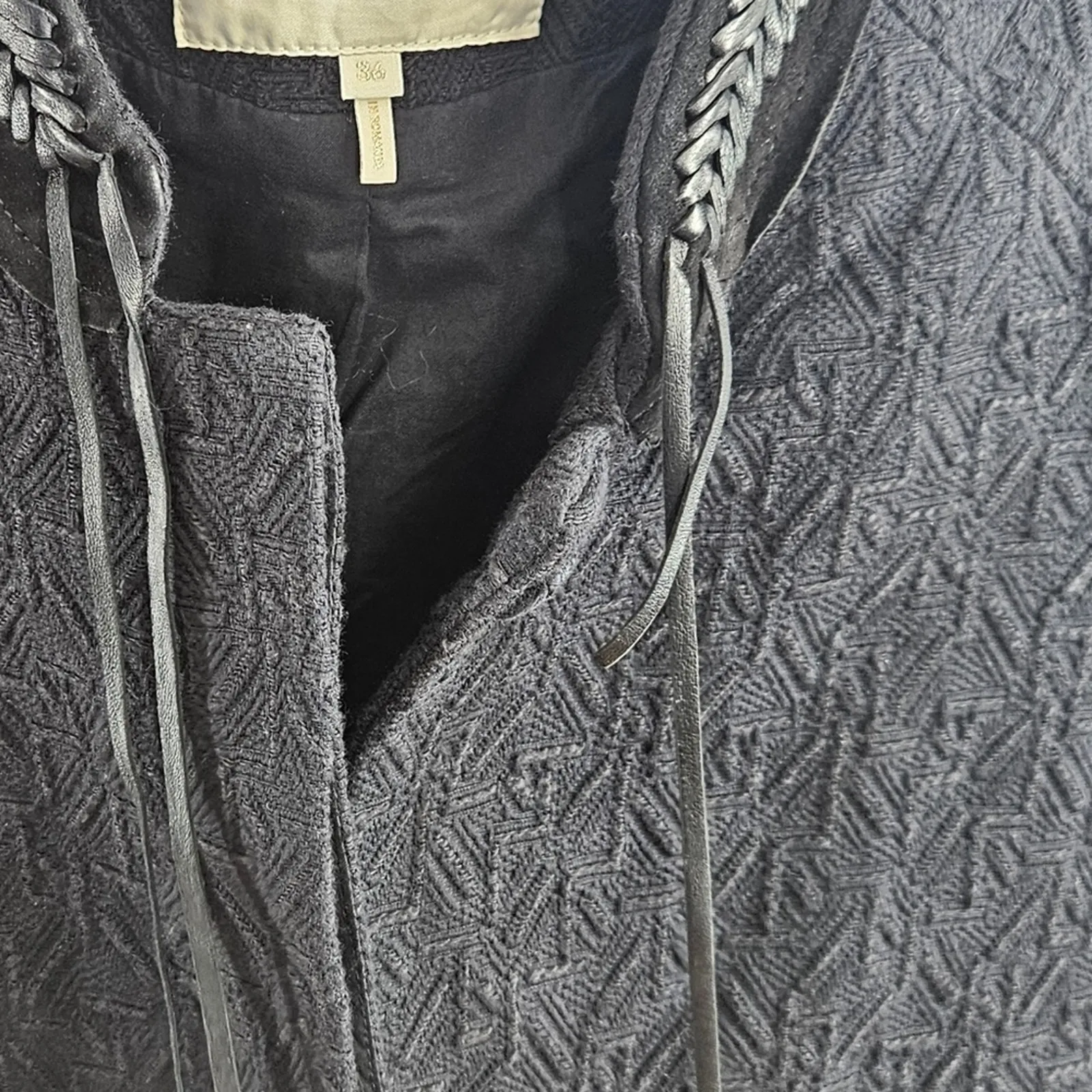 Maje Gretelle Leather Trim Longline Jacquard Textured Knit Car Coat‎ Sz 36 - Image 6