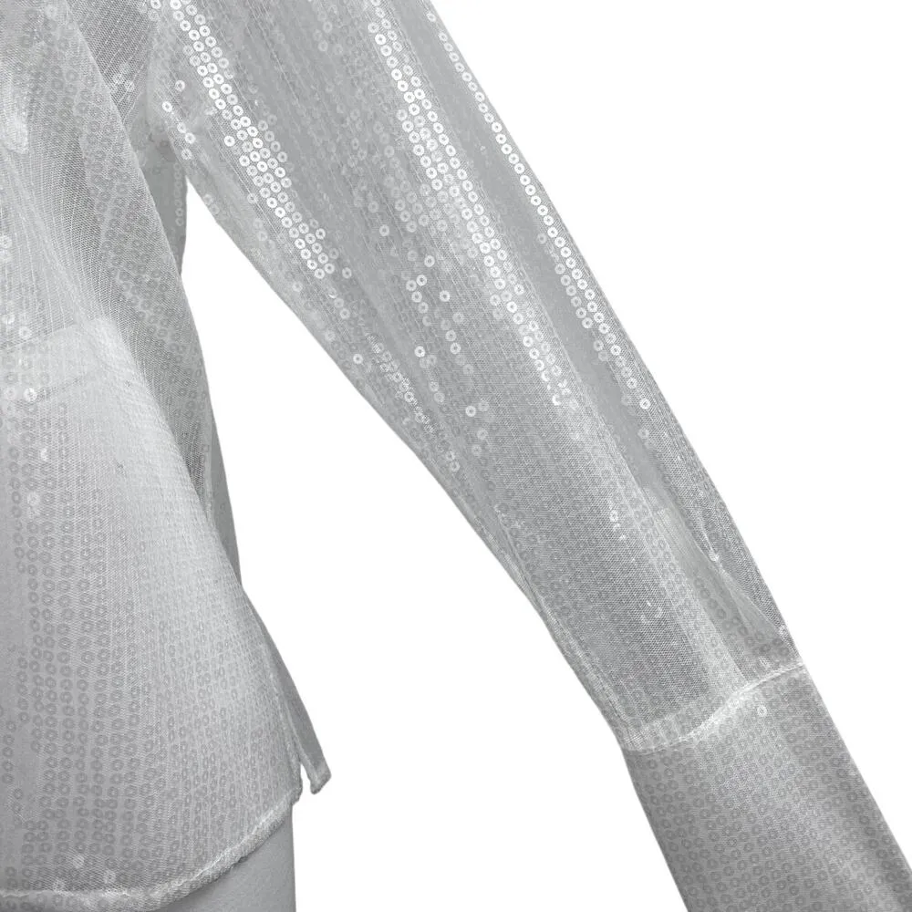 Chosen by KYHA Team 24 White Sequin Pockets Button Down Sheer Blouse Shirt Top L Size L - Image 5