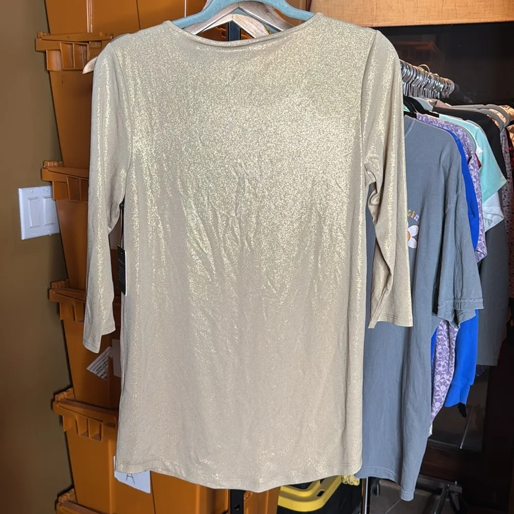 NWT Chico's Knit Kit Metallic Shirttail Top 3/4 Sleeve Arabian Camel Size Small - Image 12