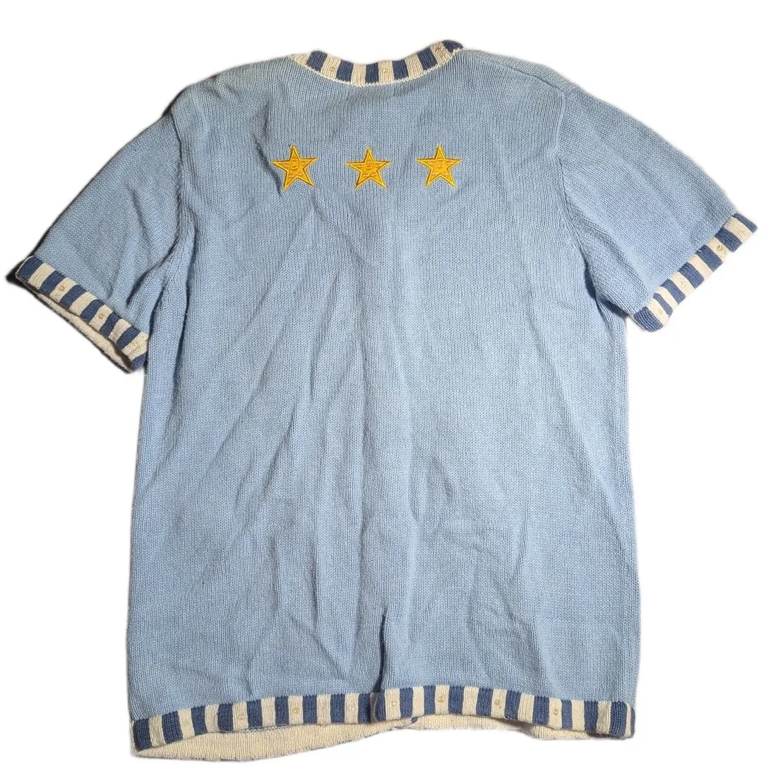 Vtg 1990s Quacker Factory Blue Knit Nautical Applique Short Sleeve Cardigan Sz M Size M - Image 2