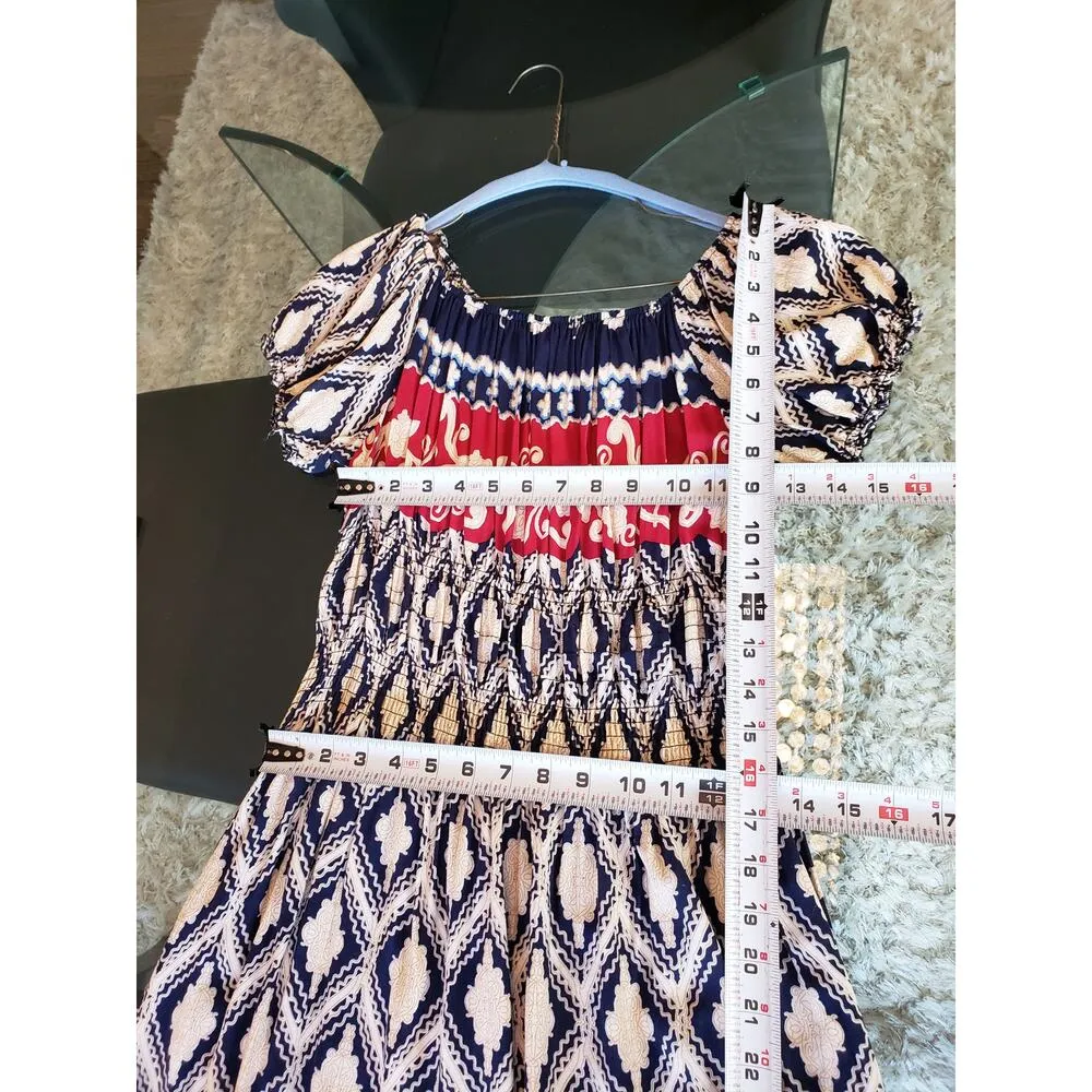 Women's Long Maxi Dress S Multi Geo Pleated Puff Sleeve Round Neck Elastic Waist Blue - Image 7