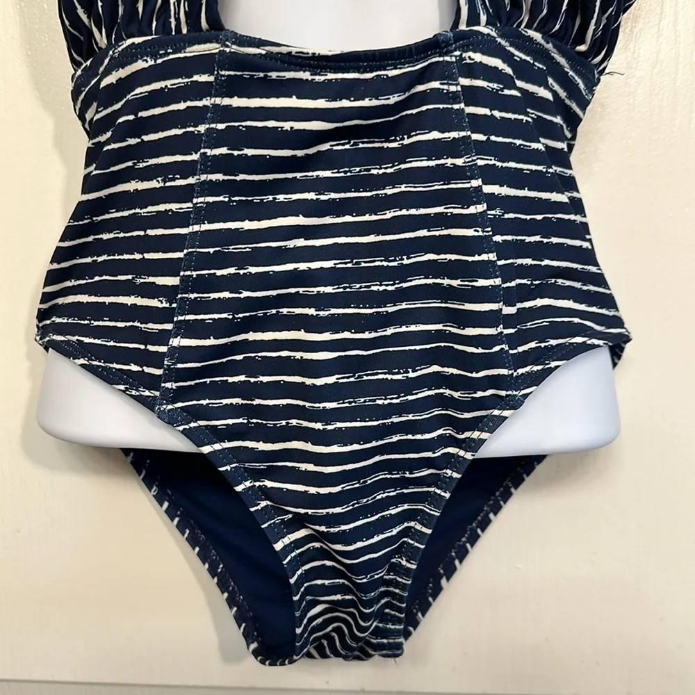 ENVYA Navy Blue/White Halter High Waisted Pin Up Swimsuit Size XS EUC #6869 - Image 4