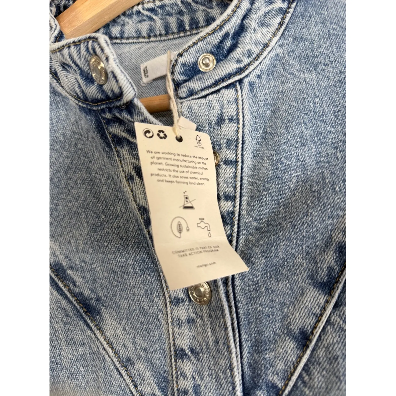 MNG Denim Jumpsuit Women's XS Light Wash Tie Waist Button Front Western NWT Blue - Image 4