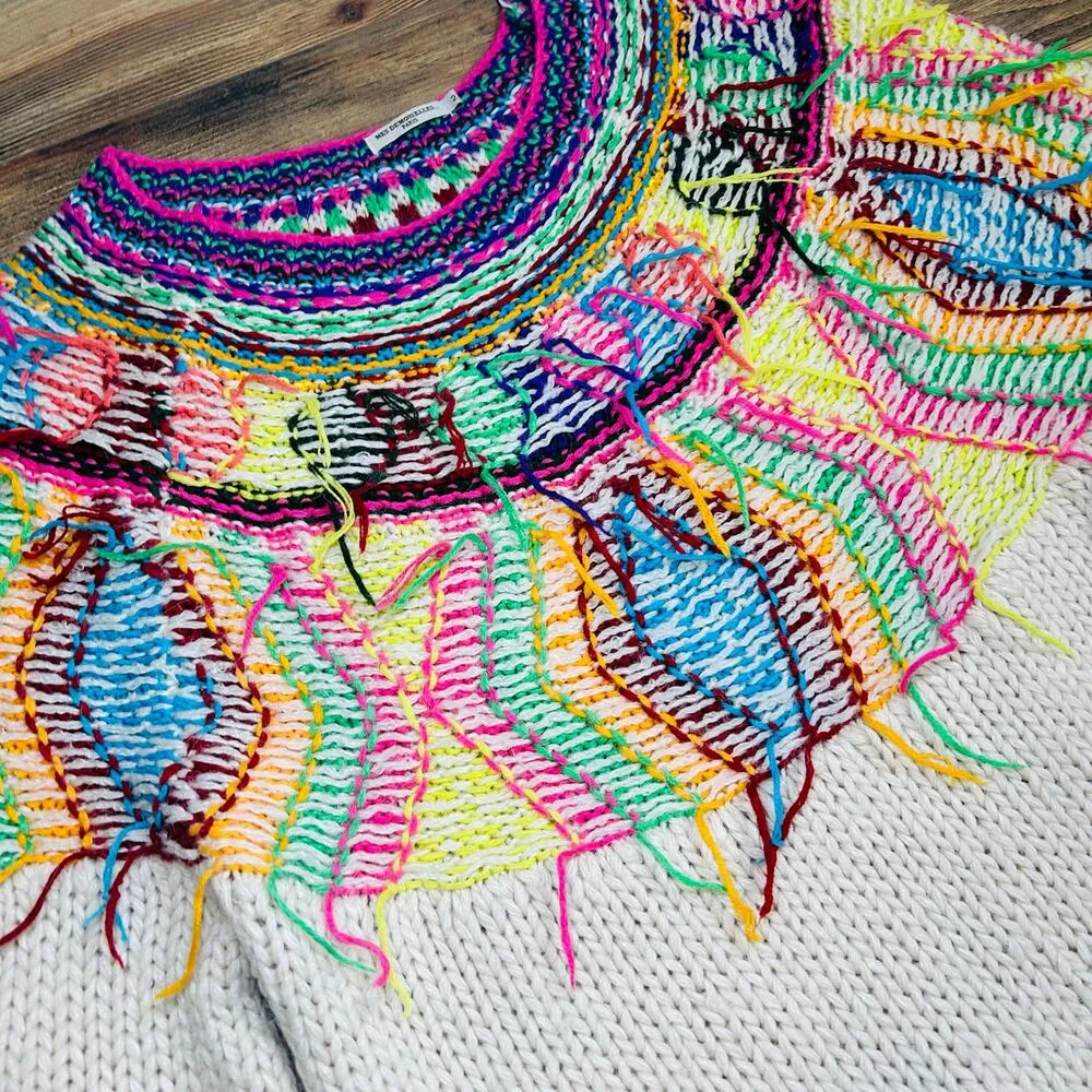 Mes Demoiselles Oversized Sweater Dress Alpaca Wool Jumper Colorful Fringe Art Pink Size L - Image 3