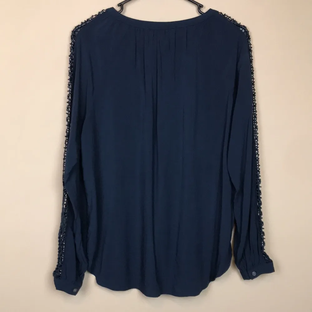 LOFT Women’s Eyelet Lace Knit Front Long Sleeve Half Button-Up Navy Blue Blouse - Image 6