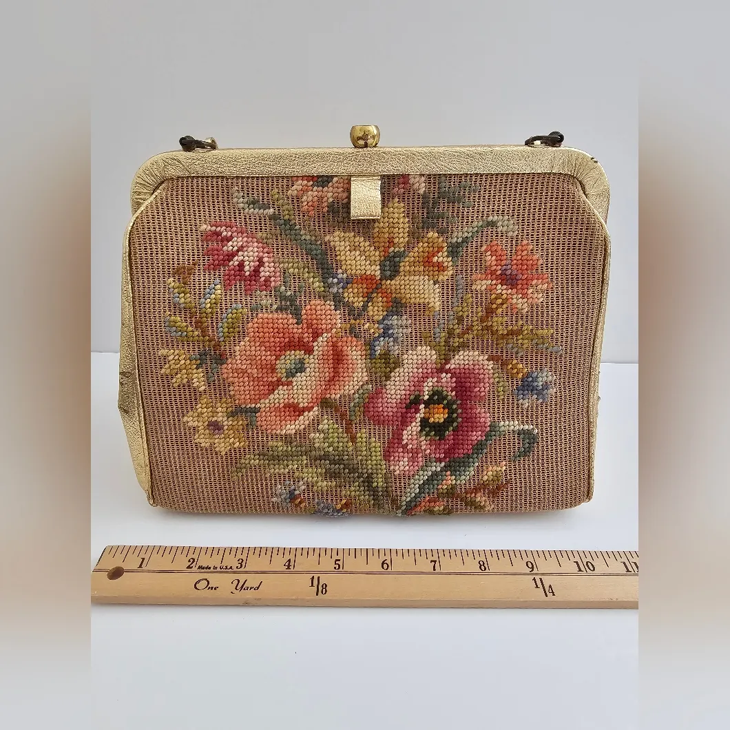 Soure Bag New York Needlepoint Embroidered Flower Gold Handbag Tan - Image 10