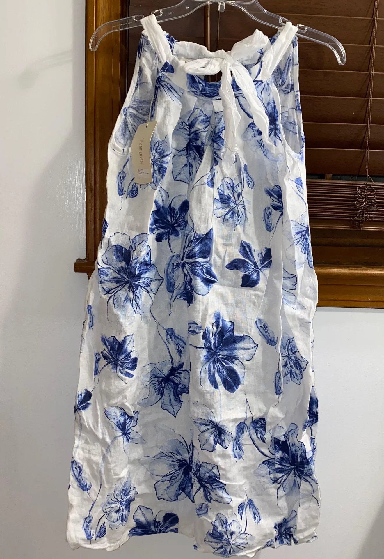 NWT White/Blue Halter Tie Floral Linen Dress S