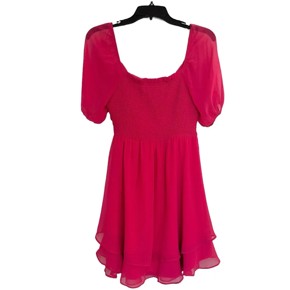 NWT Altar'd State Fuchsia Chiffon Overlay Puff Sheer Sleeves A-Line Lined Dress - Image 6