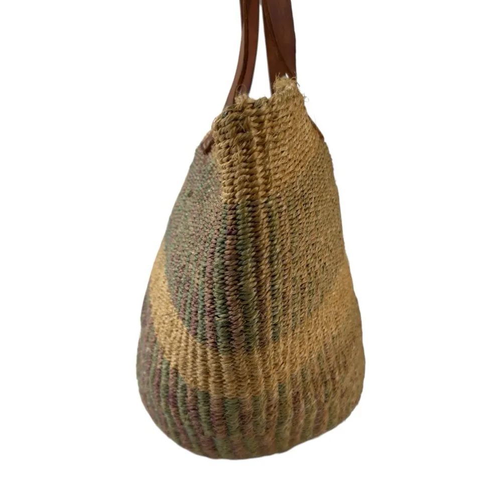 Handwoven Handcrafted Boho Sisal Straw Leather Kiondo Market Bag Vintage 80’s Tan - Image 5