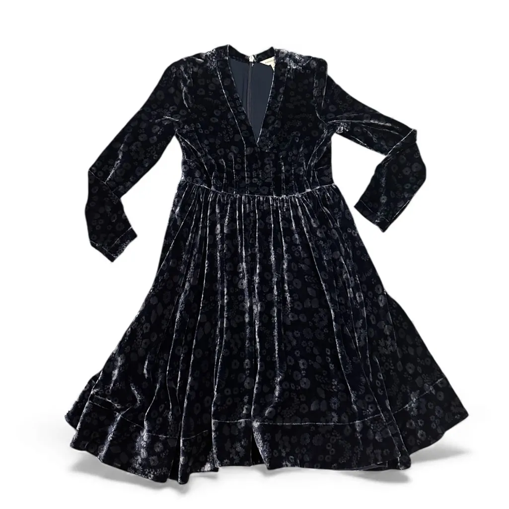 Rebecca Taylor Liane Long Sleeve Velvet Velour Party Blue VNECK Dress Size 0 - Image 2