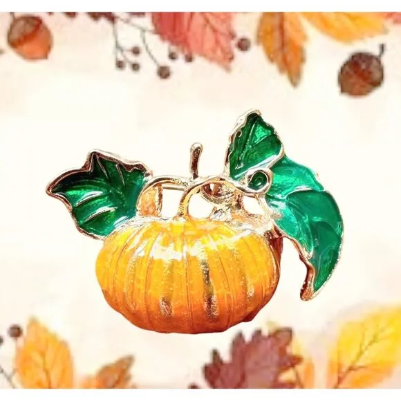 Pumpkin Brooch Pin New Fall Leaves Thanksgiving Bountiful Harvest Festiv… - Image 2