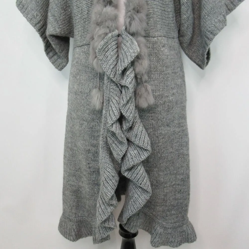 SISTERS Gray Knit Long Sweater Duster Wool Blend Faux Fur Trim Women’s Size XL - Image 11