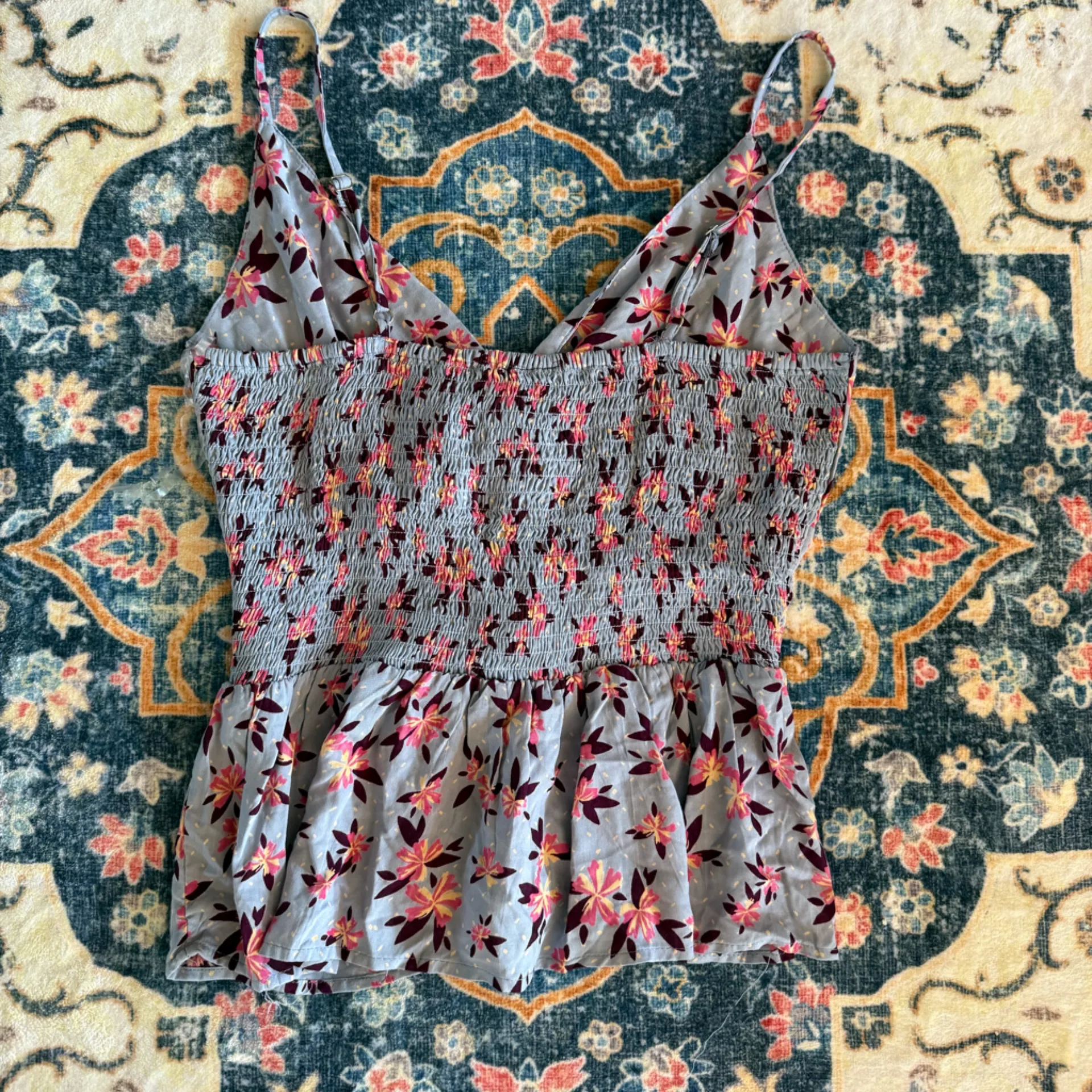 95 Angie Blue and Pink Floral Smocked Top Tank Medium - Image 2