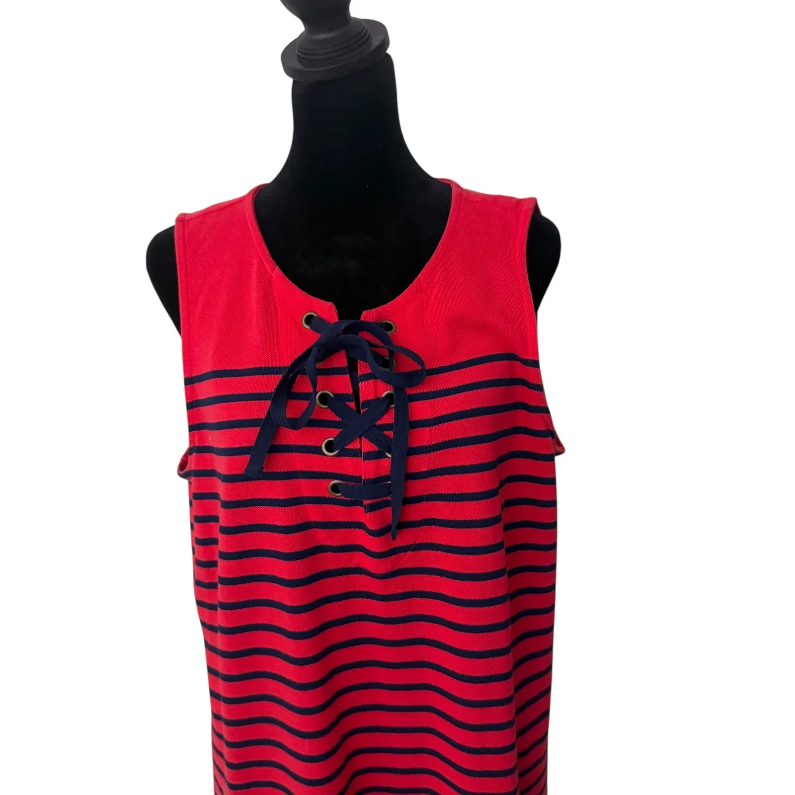 Talbots Striped Lace Up Dress Size L Red Blue‎ Sleeveless Preppy Nautical Cotton - Image 4