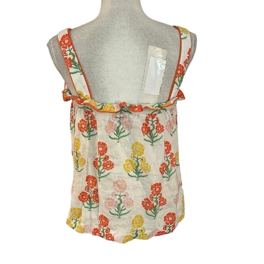 BODEN US Size 6 Ruffle Detail Linen Top Tank in Molly Mahon Flower Woodblock Orange - Image 3