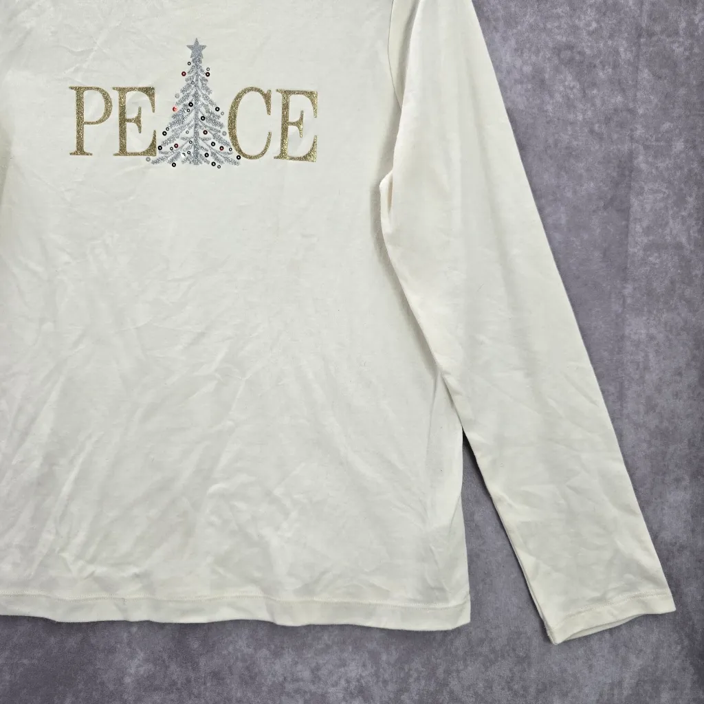 Croft & Barrow White Peace Christmas Tree Holiday Festive Top Medium - Image 4