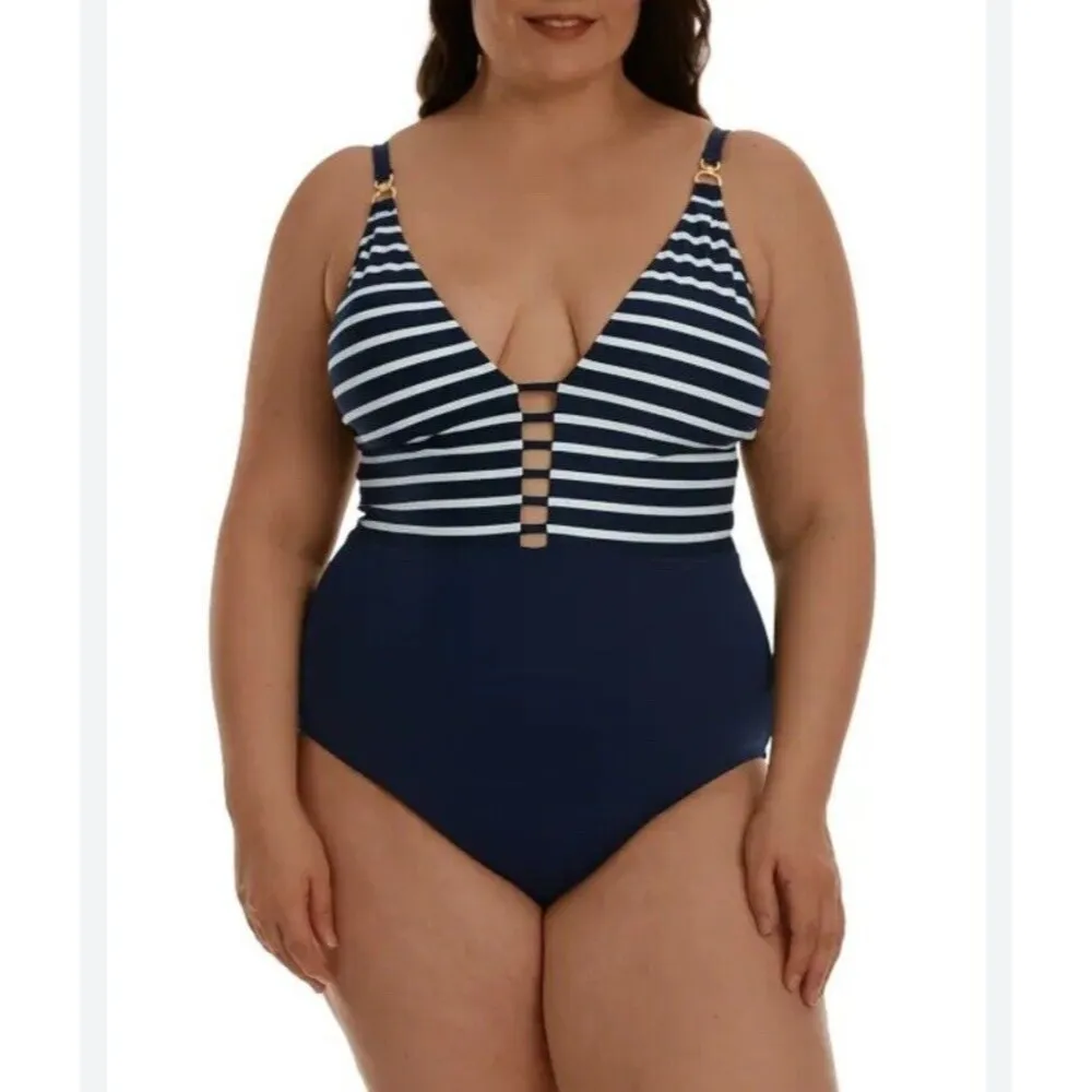 La Blanca Capri Plunge One Piece Nautical Swimsuit Navy Blue White Stripes Sz 14 - Image 4
