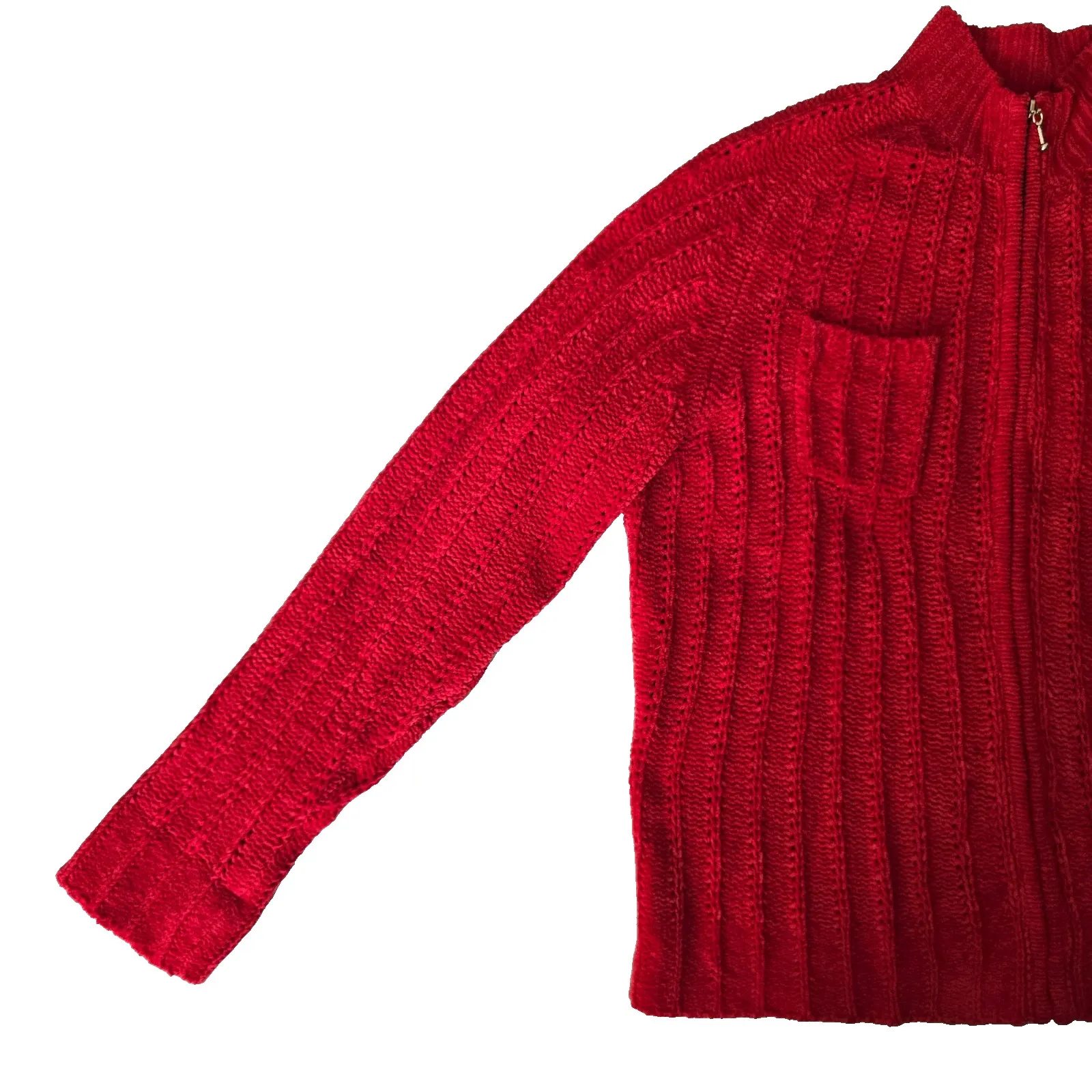 Vintage Y2K Knit Sweater Cottagecore Granny Chic Cozy Zipper Cardigan Red Large - Image 5